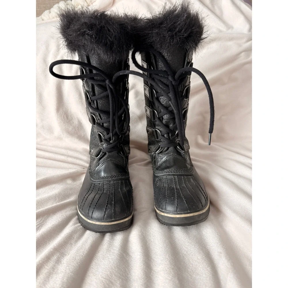Sorel Joan of Arctic Black Glitter Faux Fur Waterproof Winter Boots Size 9